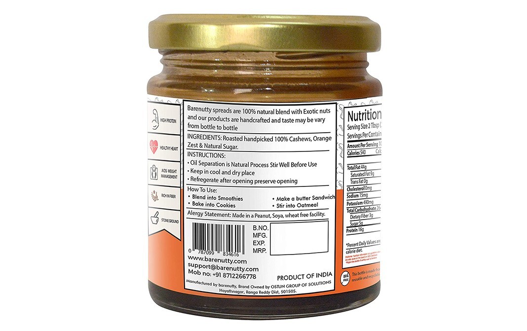 Barenutty Anacardium Cashew Butter Orange   Glass Jar  200 grams